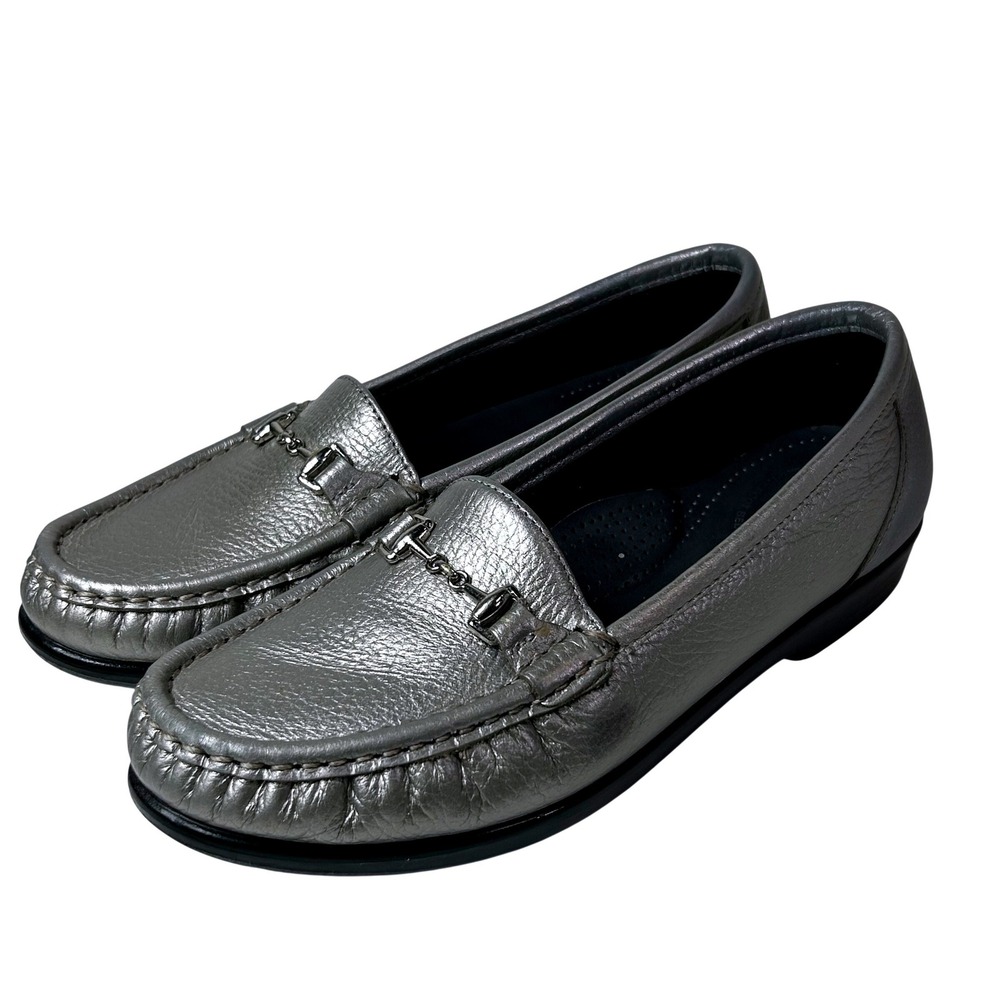SAS Womens Metallic Silver Leather Horsebit Loafers Comfort Shoes 7.5 M Made USA